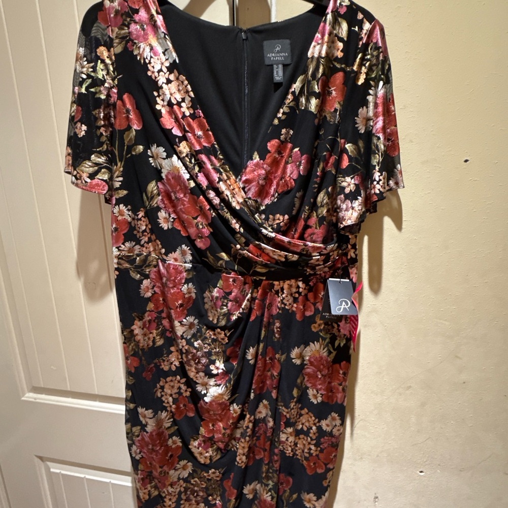 Adrianna Papell Black and Pink Floral Midi Dress